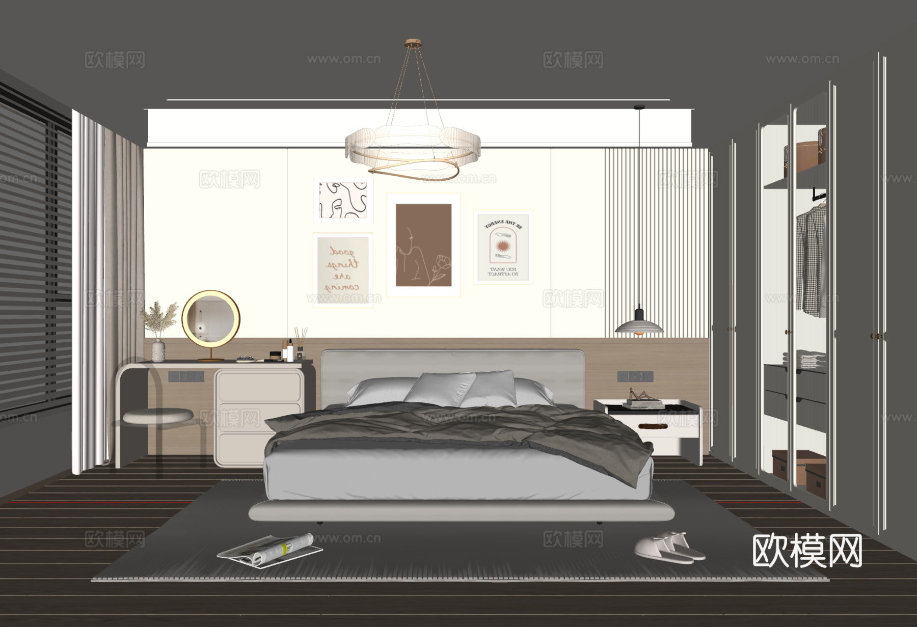 现代奶油风卧室 布艺双人床 床头柜 吊灯 挂画 梳妆台 地毯su模型