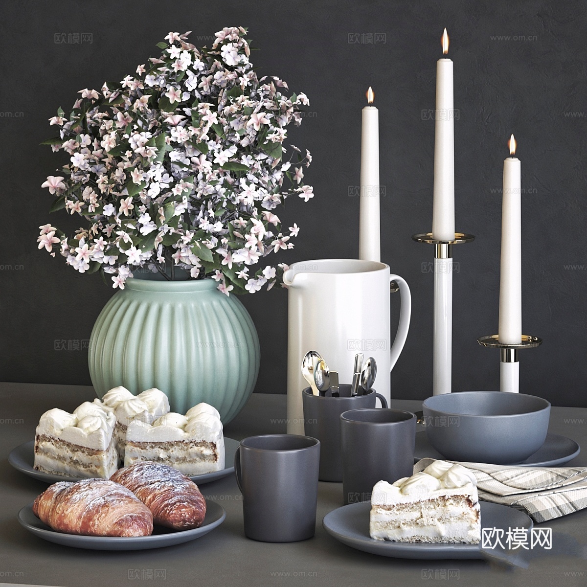 宜家餐具套装配牛角包与蛋糕3d模型下载