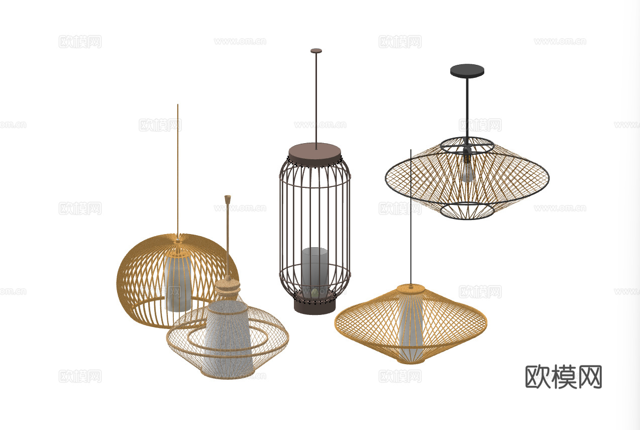 新中式竹编装饰吊灯su模型