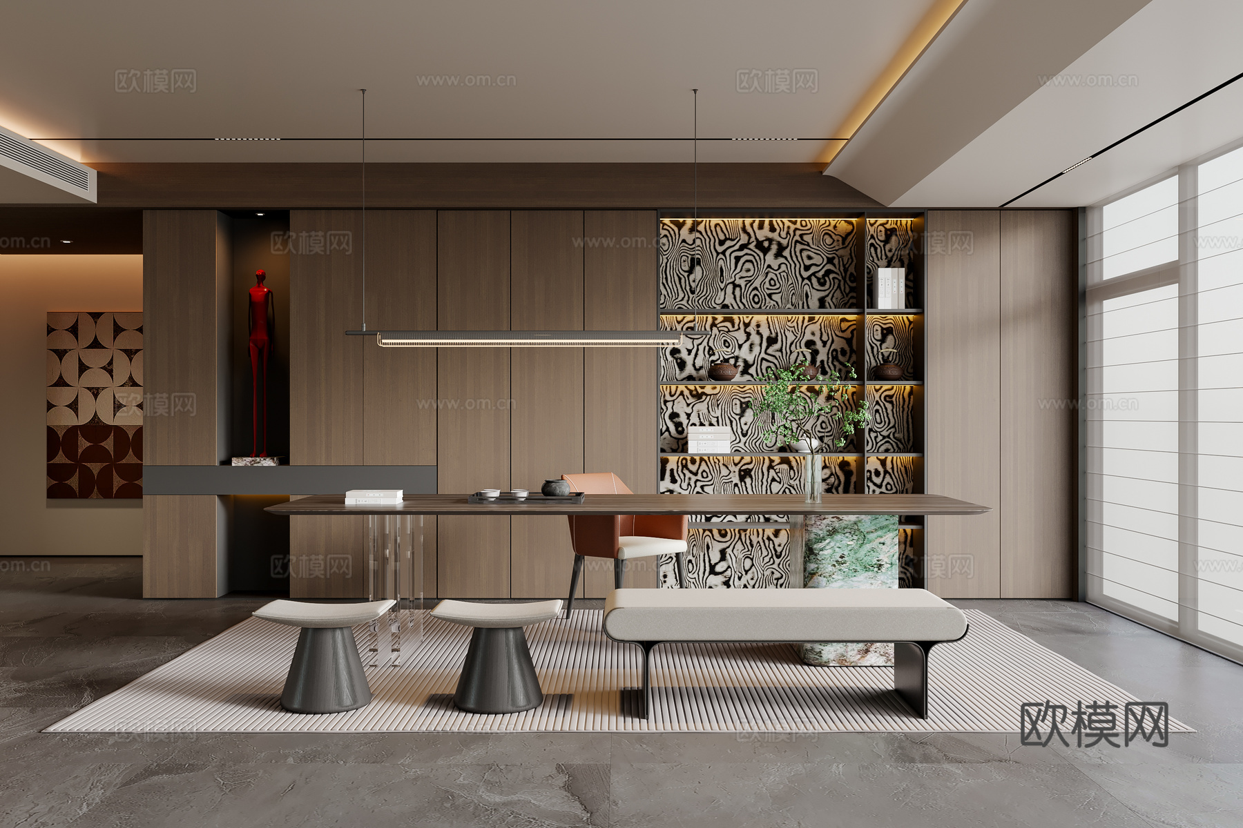 现代意式茶室 茶桌椅 吊灯 茶柜 装饰柜 地毯3d模型下载