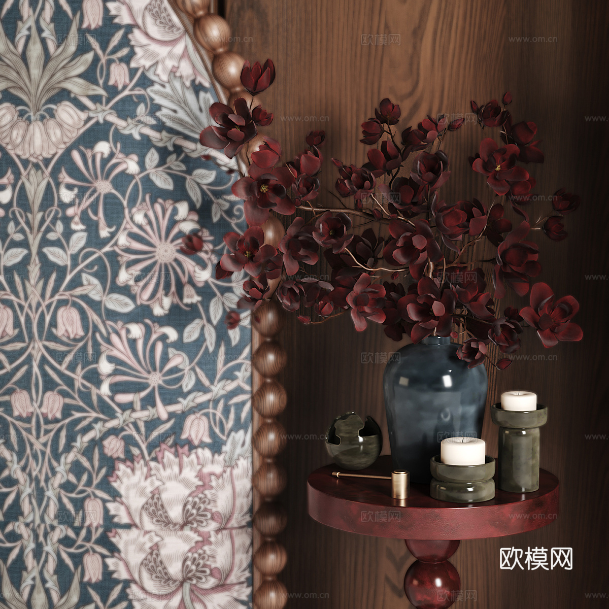 新中式中古风床头背景墙3d模型下载（渲染图4）