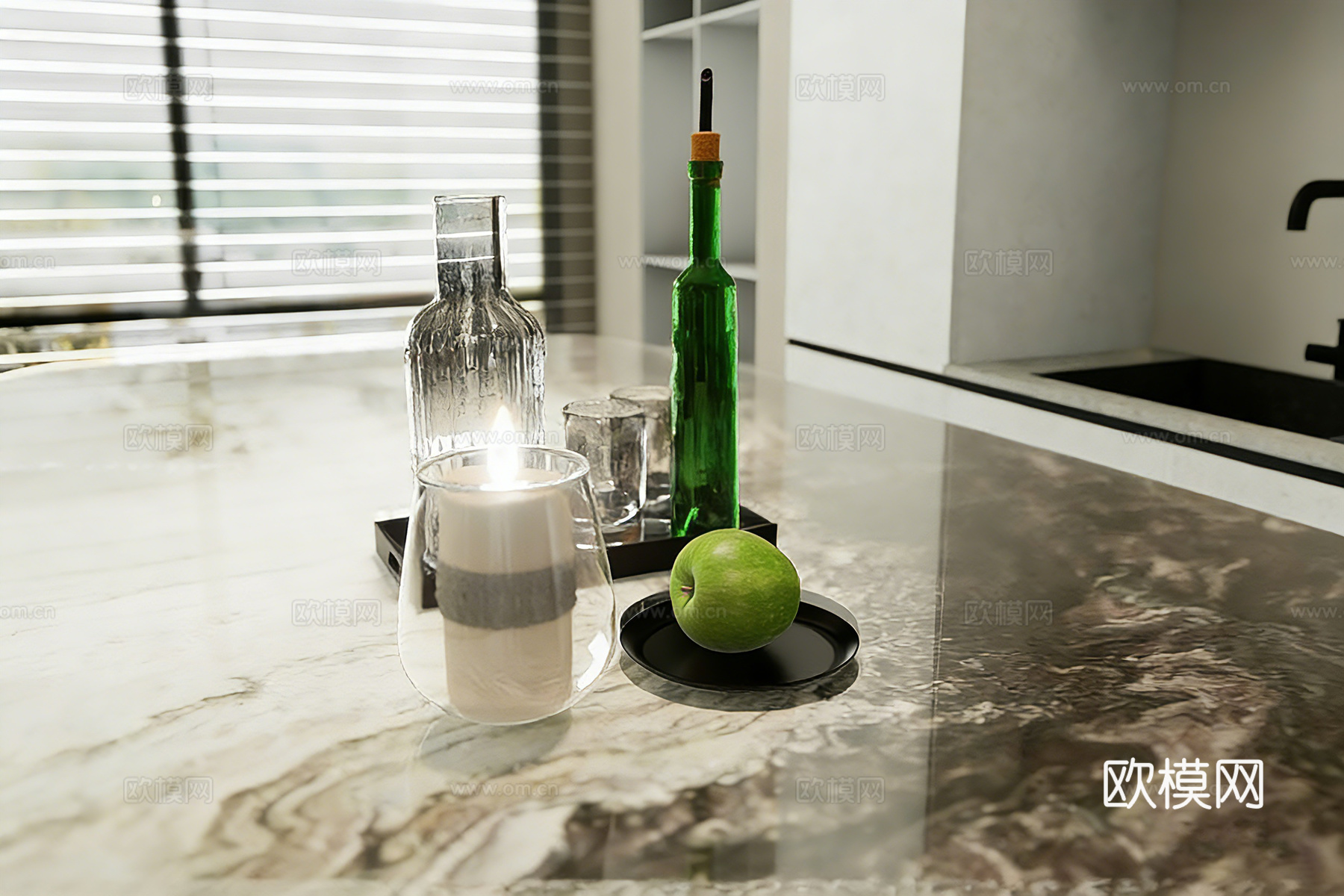 竖纹玻璃醒酒器  玻璃烛台 黑色托盘  绿色玻璃瓶 苹果su模型