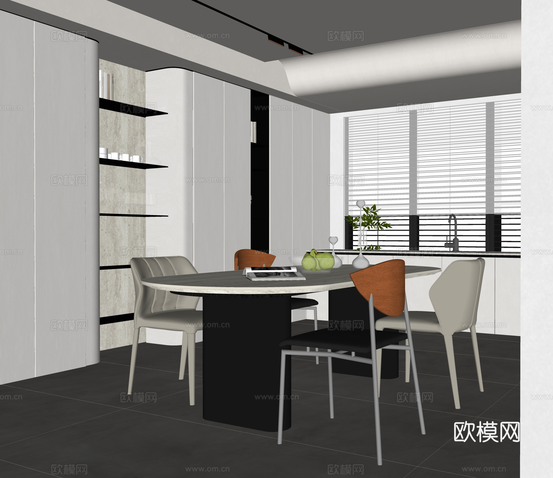 现代书房 书桌椅 书柜书架su模型