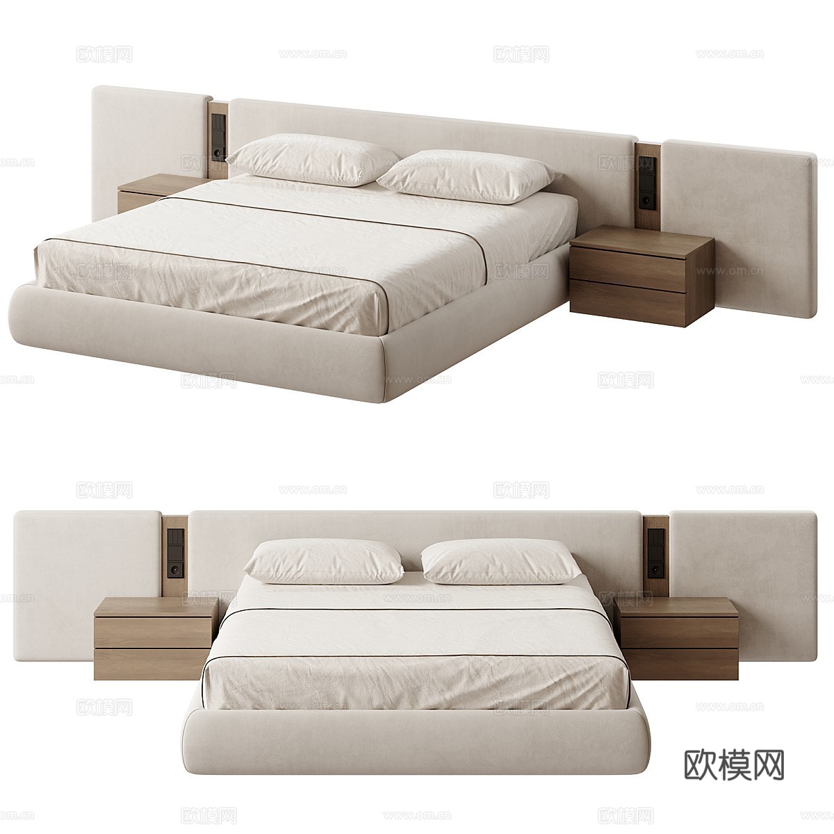 现代意式极简布艺双人床3d模型下载（渲染图1）