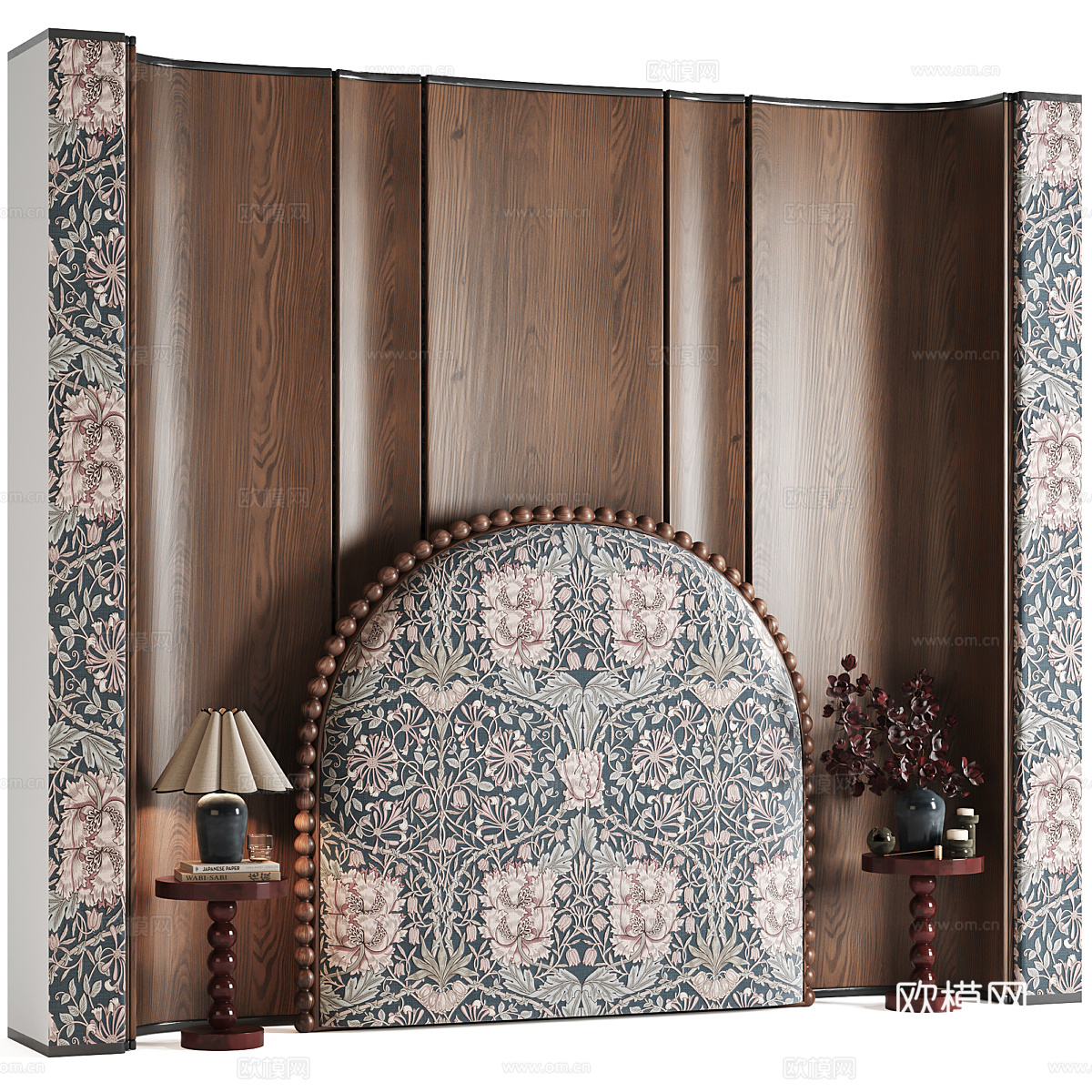 新中式中古风床头背景墙3d模型下载（渲染图3）