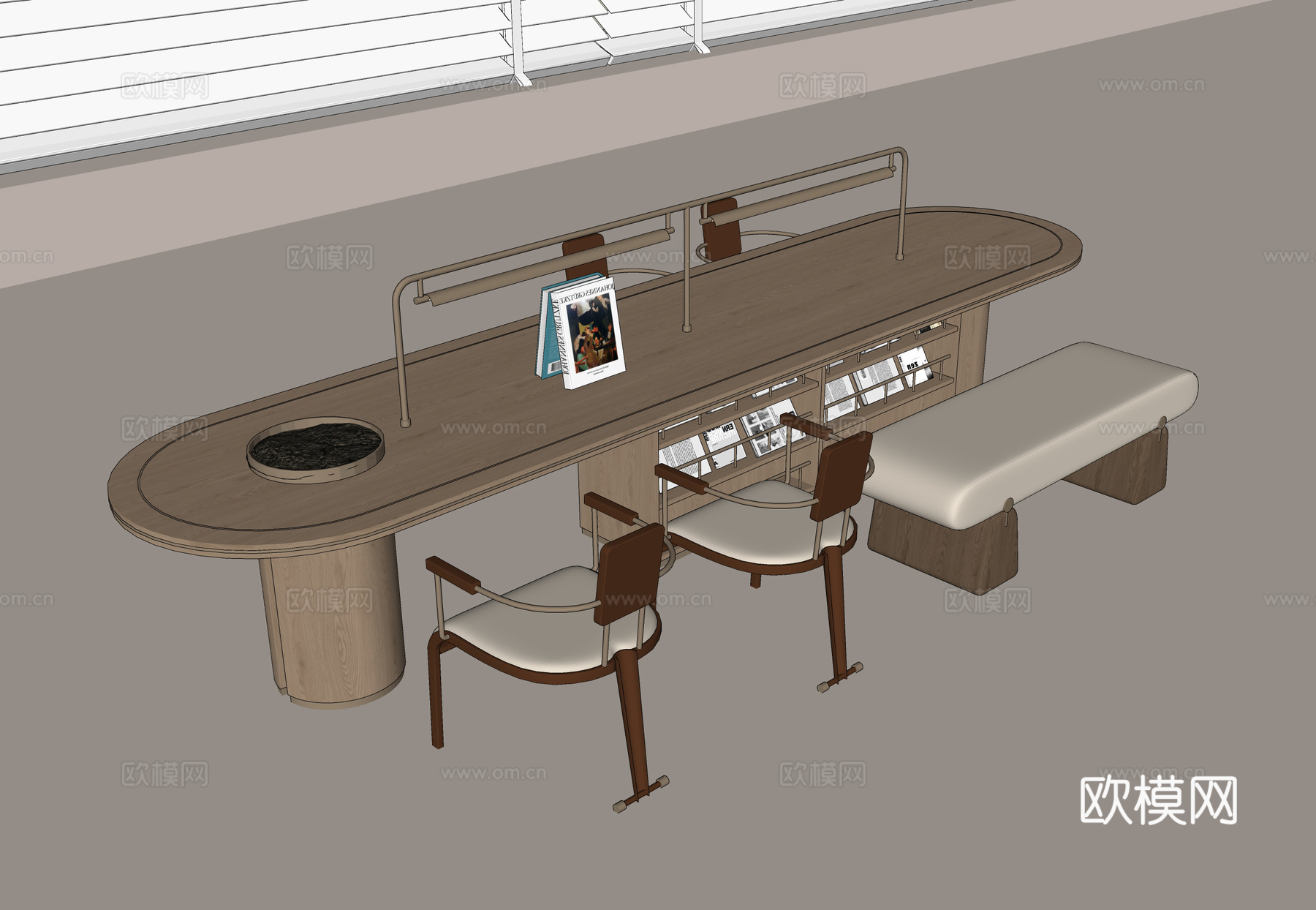 现代书桌 实木书桌 椭圆形书桌 休闲单椅 休闲长椅su模型
