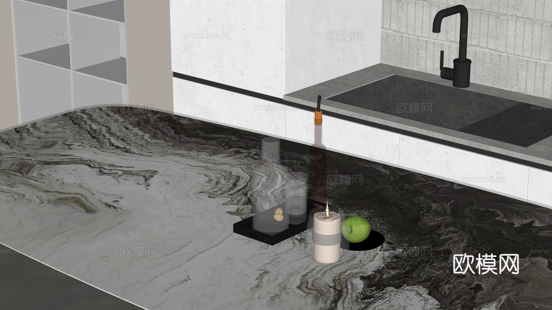 竖纹玻璃醒酒器  玻璃烛台 黑色托盘  绿色玻璃瓶 苹果su模型