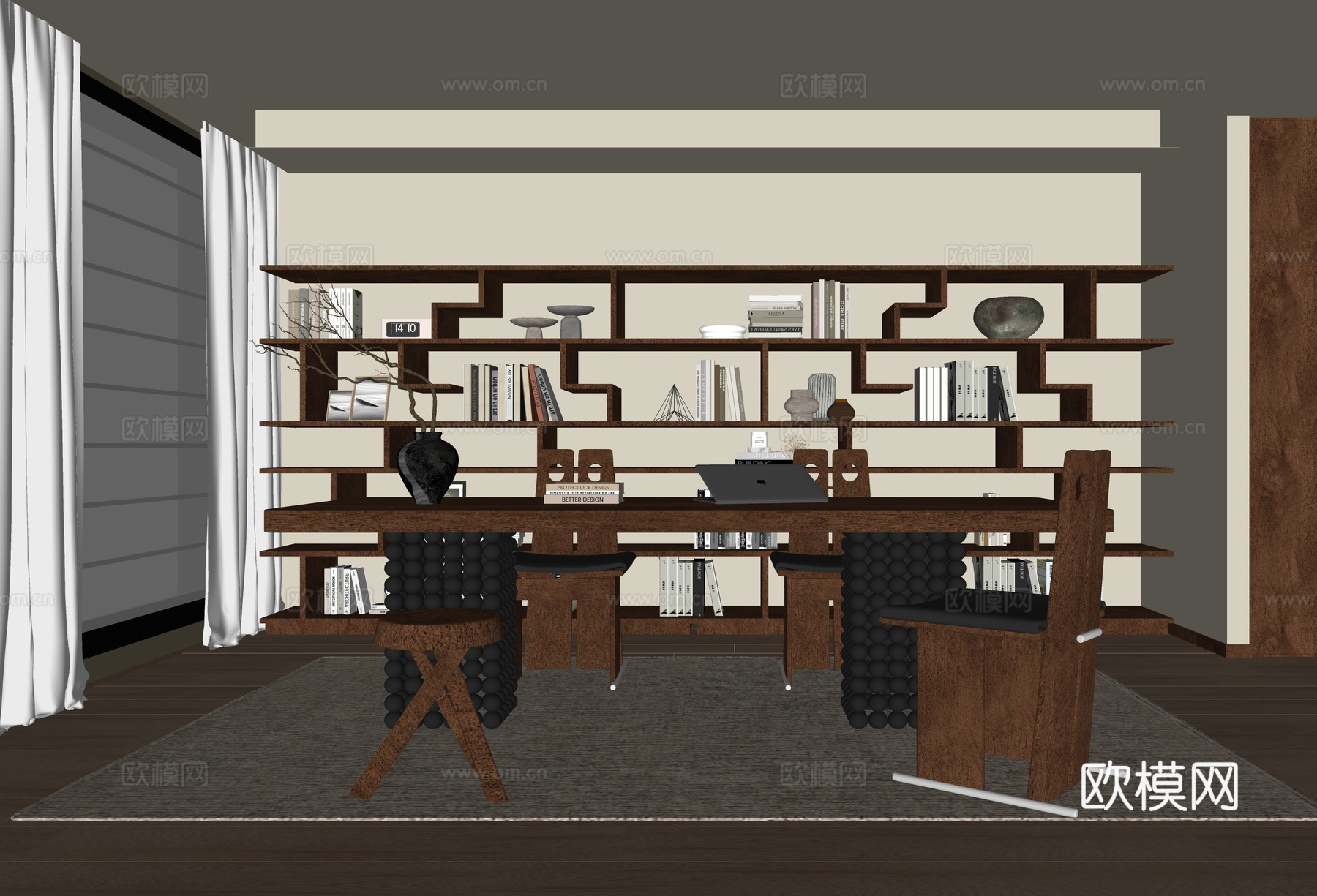 现代书房 书桌椅 书柜书架su模型