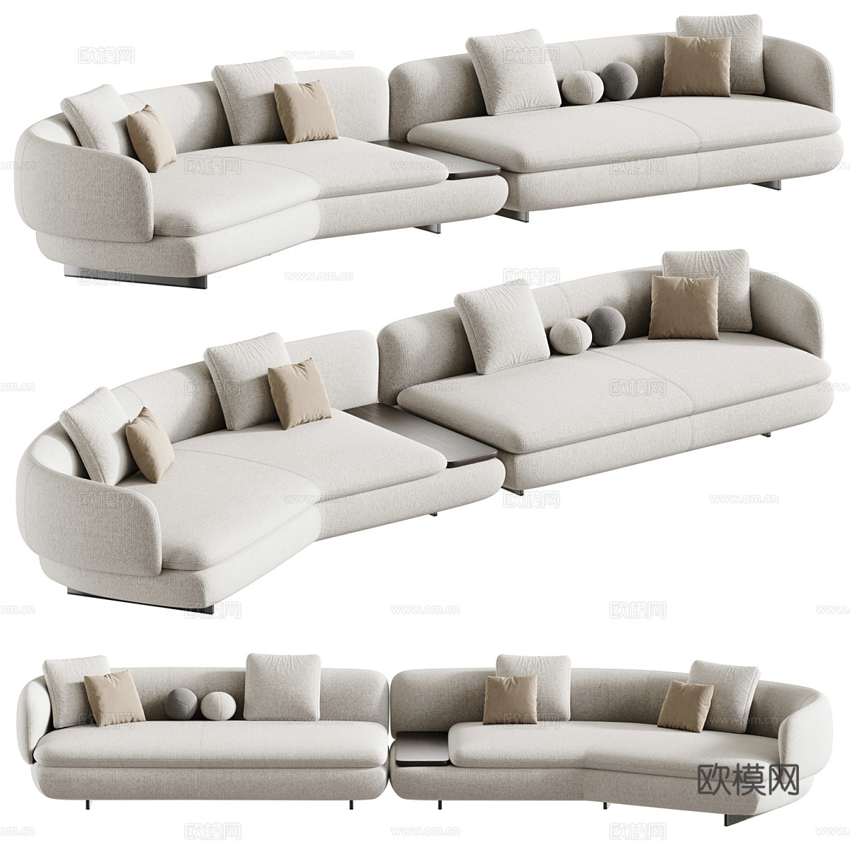 现代意式弧形布艺休闲沙发3d模型下载（渲染图1）
