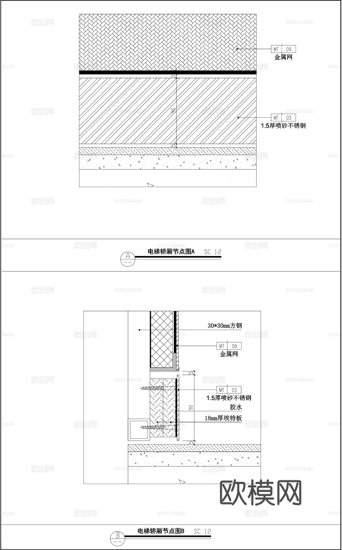 电梯轿厢  工装电梯  金属电梯平立面图 电梯节点图cad施工图下载（渲染图2）