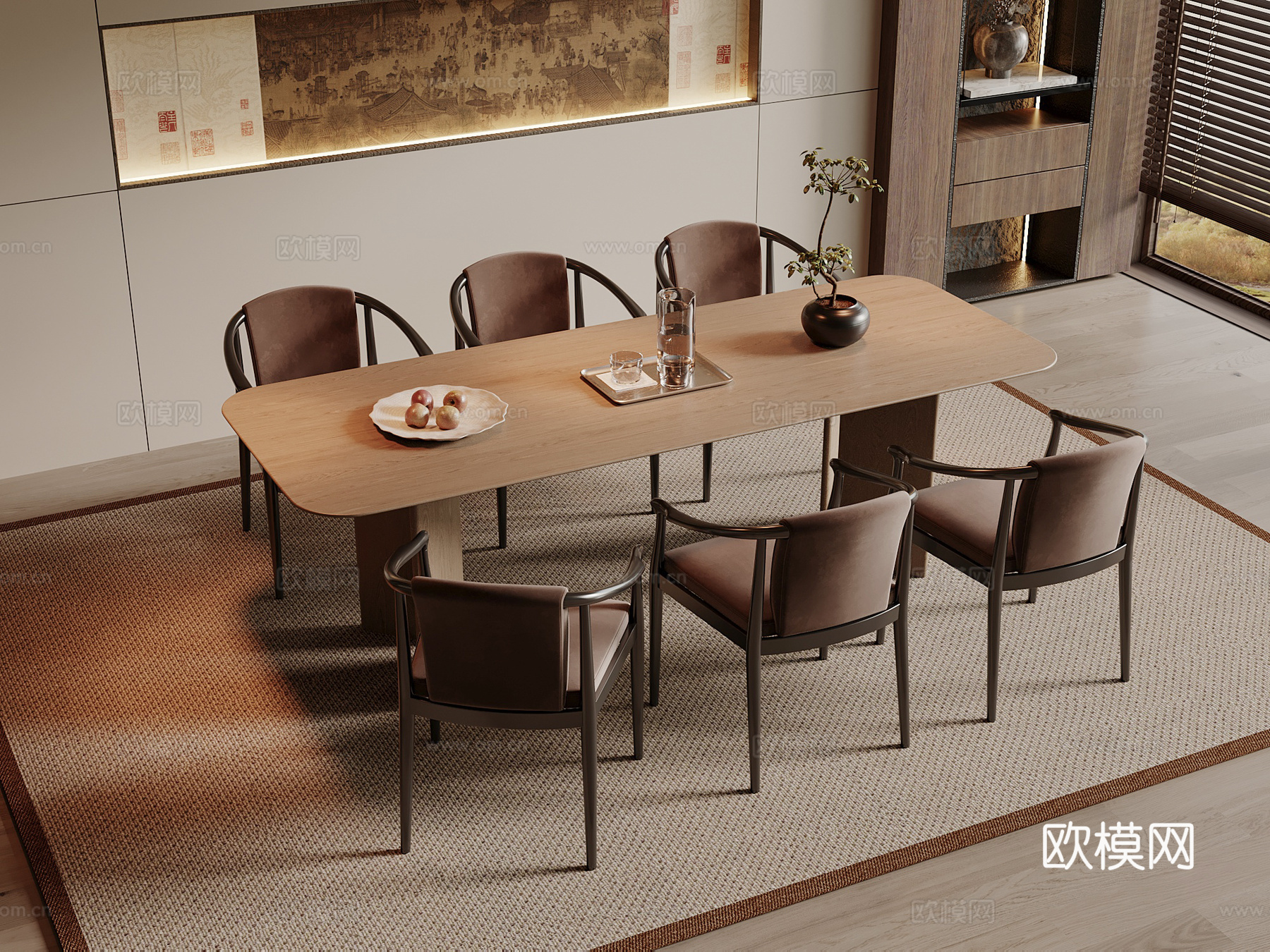 宋式餐桌椅组合 宋式餐厅 木制餐桌 木制餐椅su模型