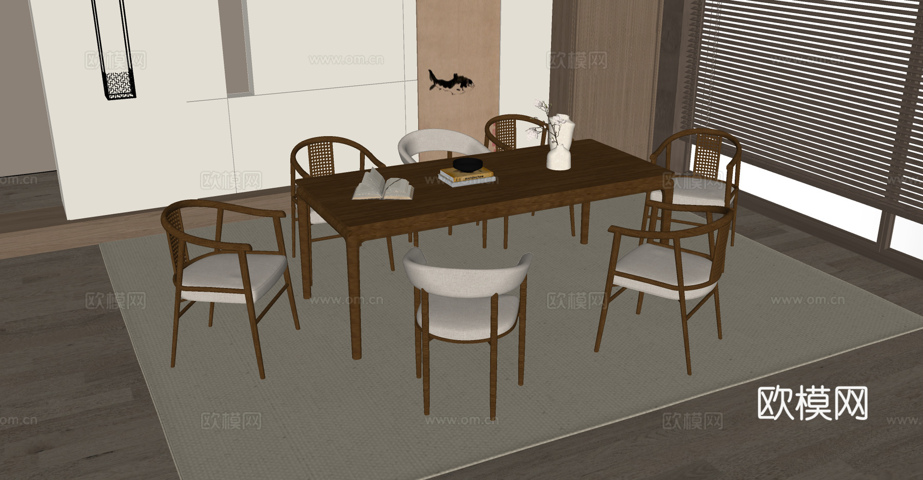 宋式餐桌椅组合 宋式餐厅 木制餐桌 木制餐椅su模型