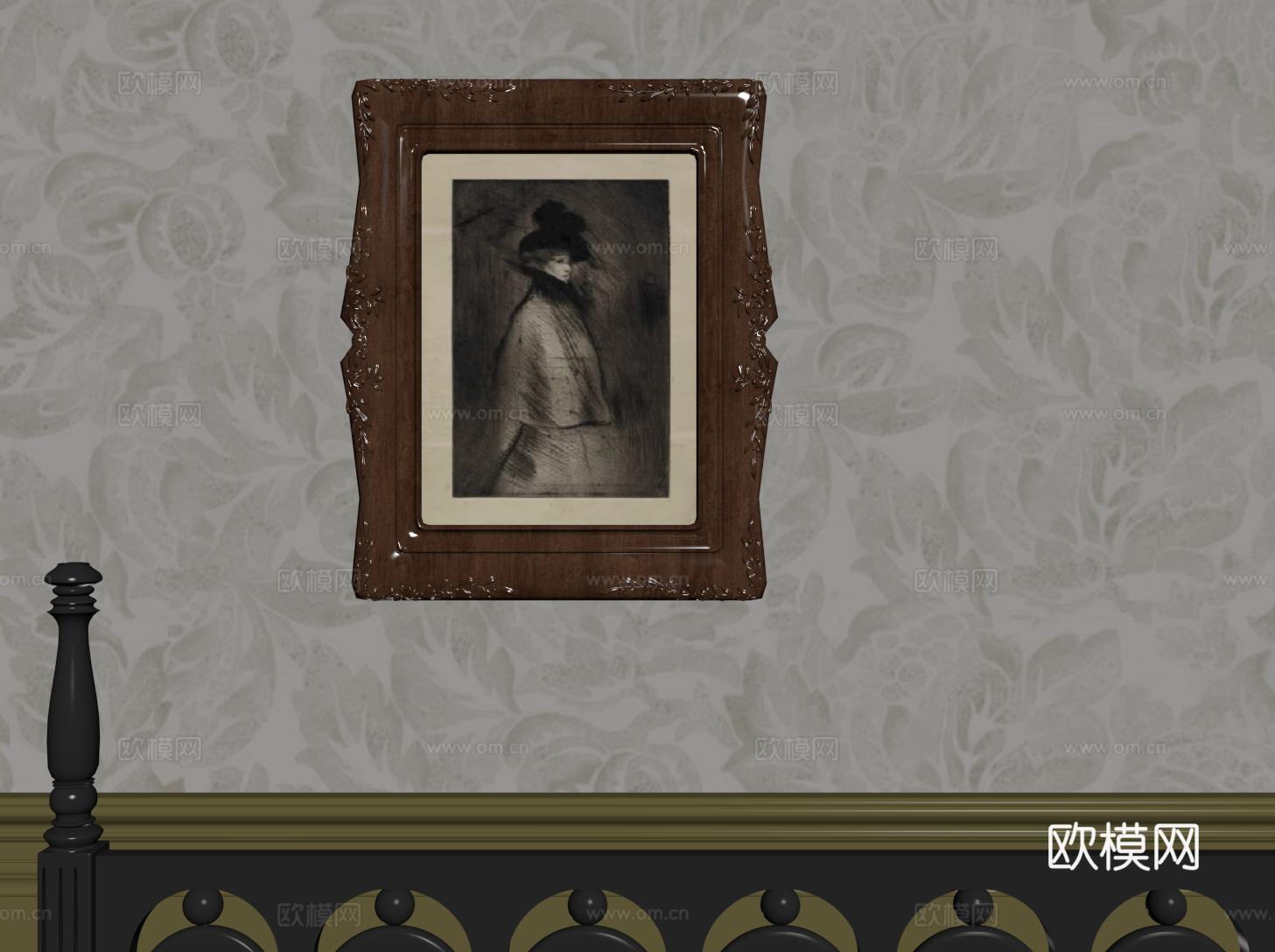 法式复古装饰画 挂画 实木画框 人物画 素描画su模型