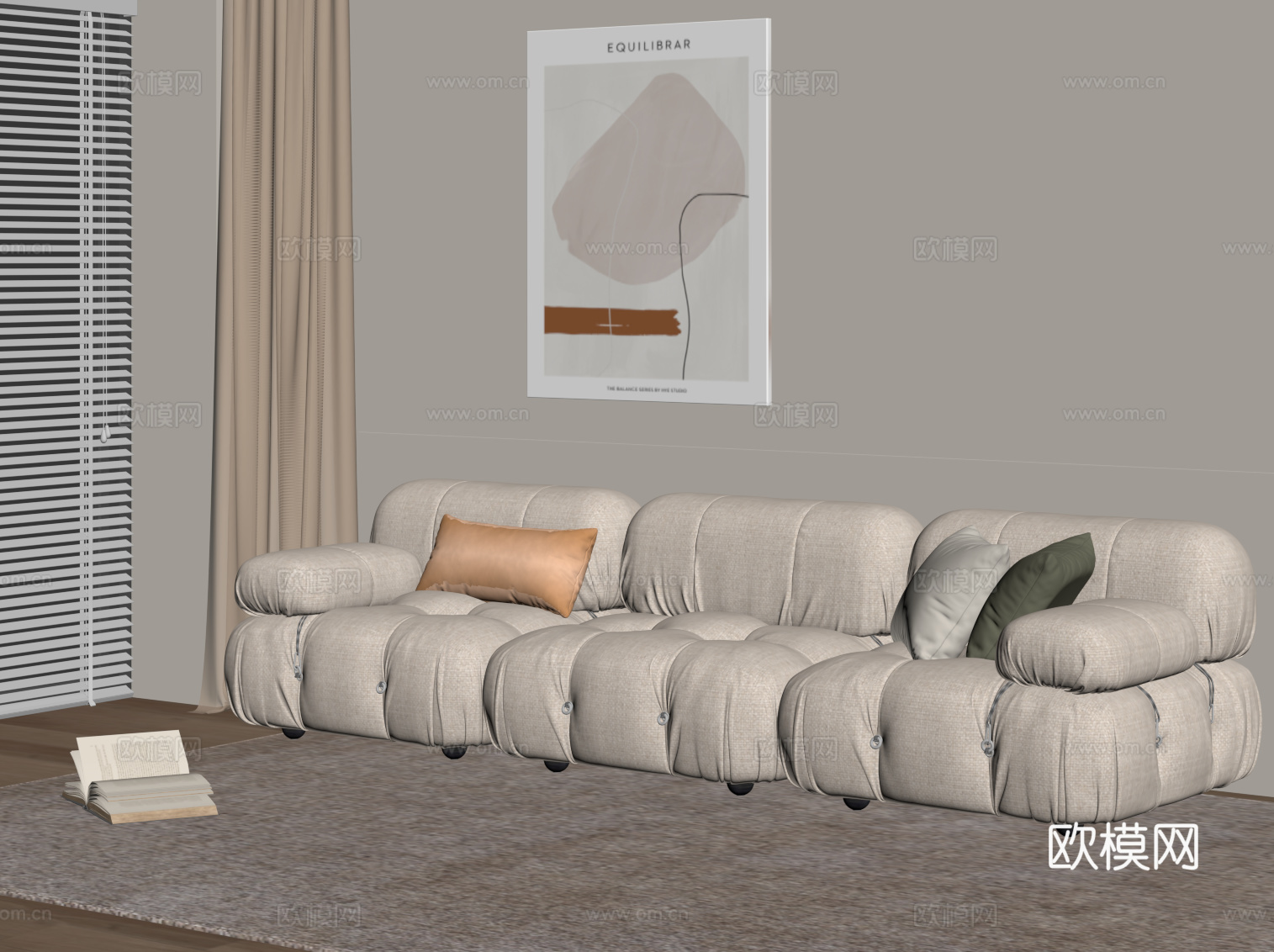 现代奶油风多人沙发 直排沙发su模型