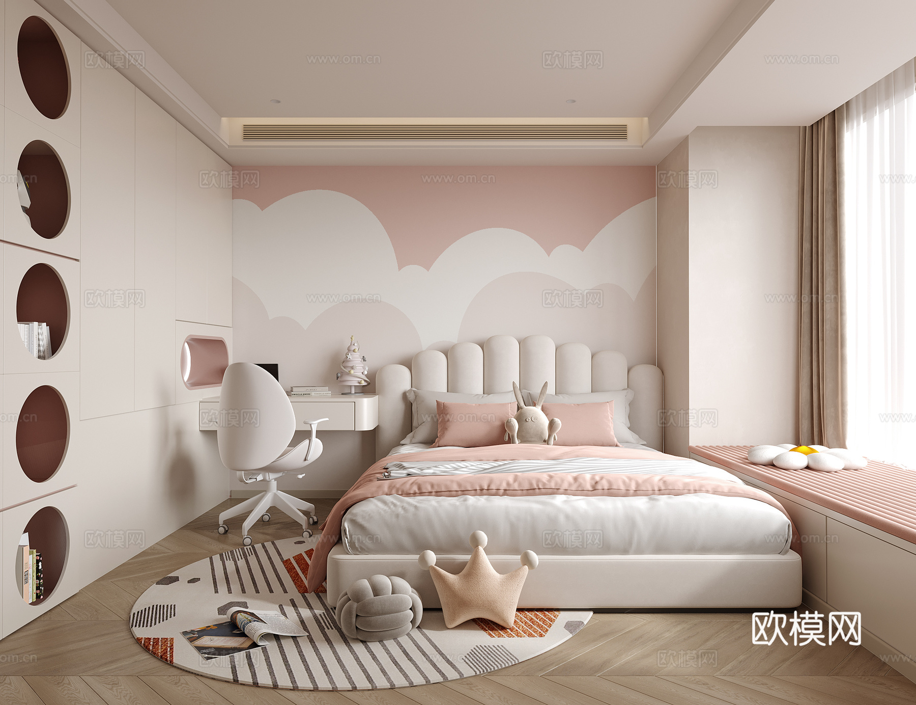 现代女孩房 儿童房 儿童床su模型