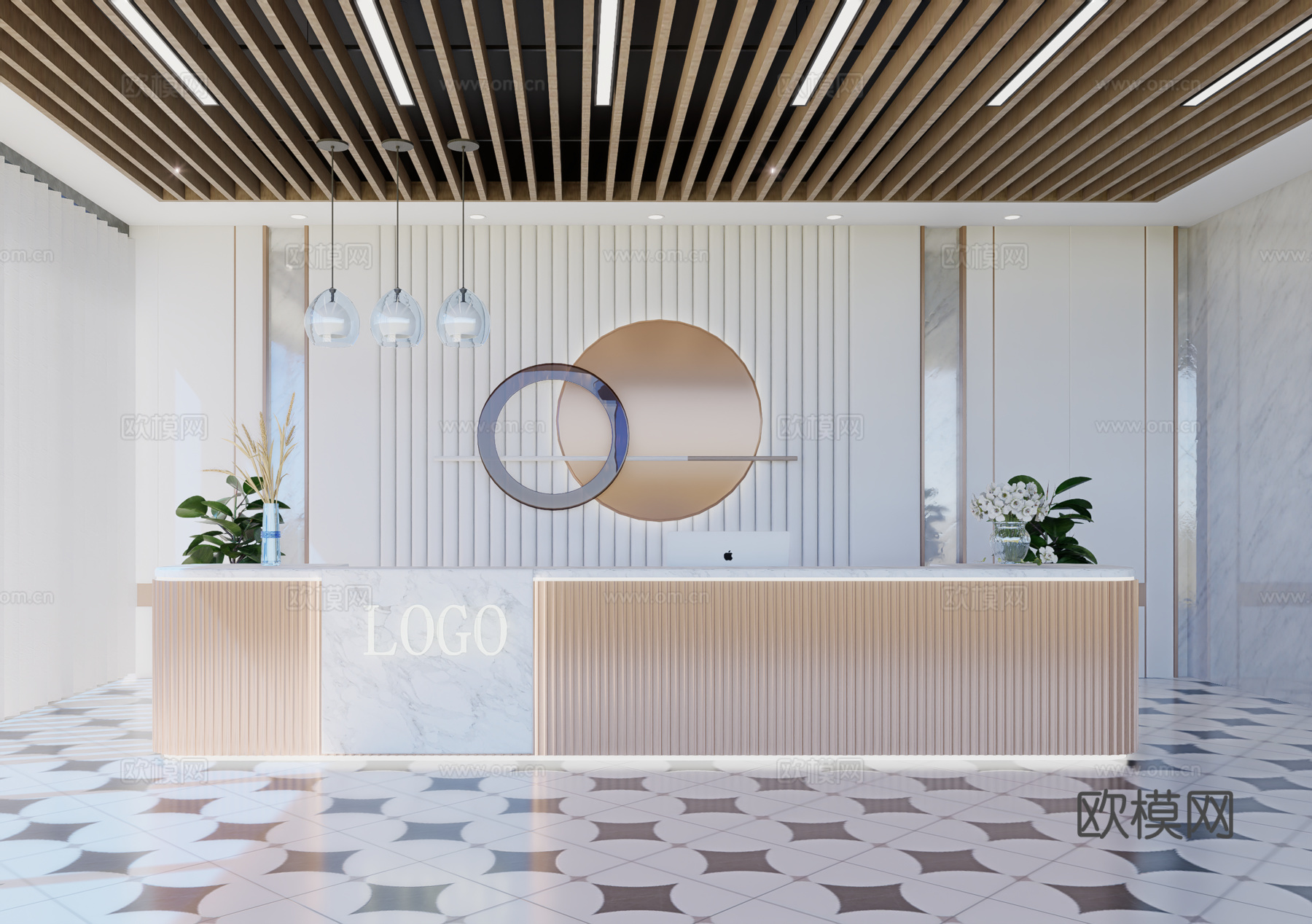 现代简约办公室前台接待台su模型