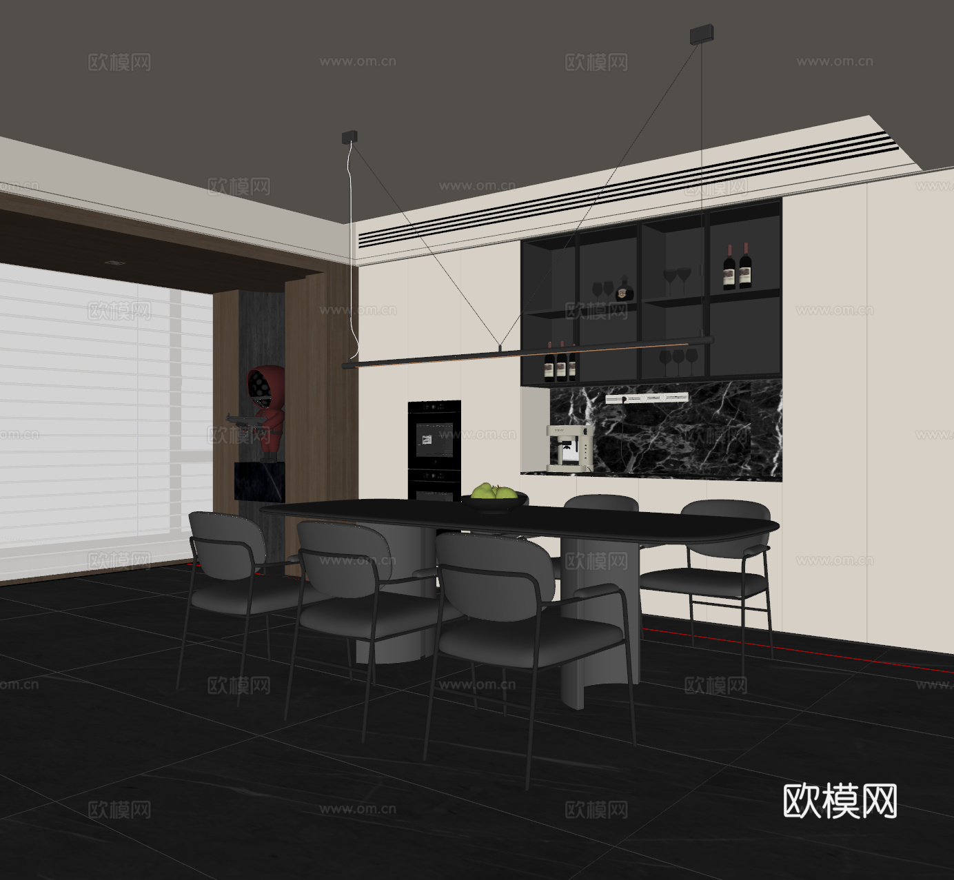 现代极简餐厅 餐桌椅 吊灯 餐边柜 酒柜su模型