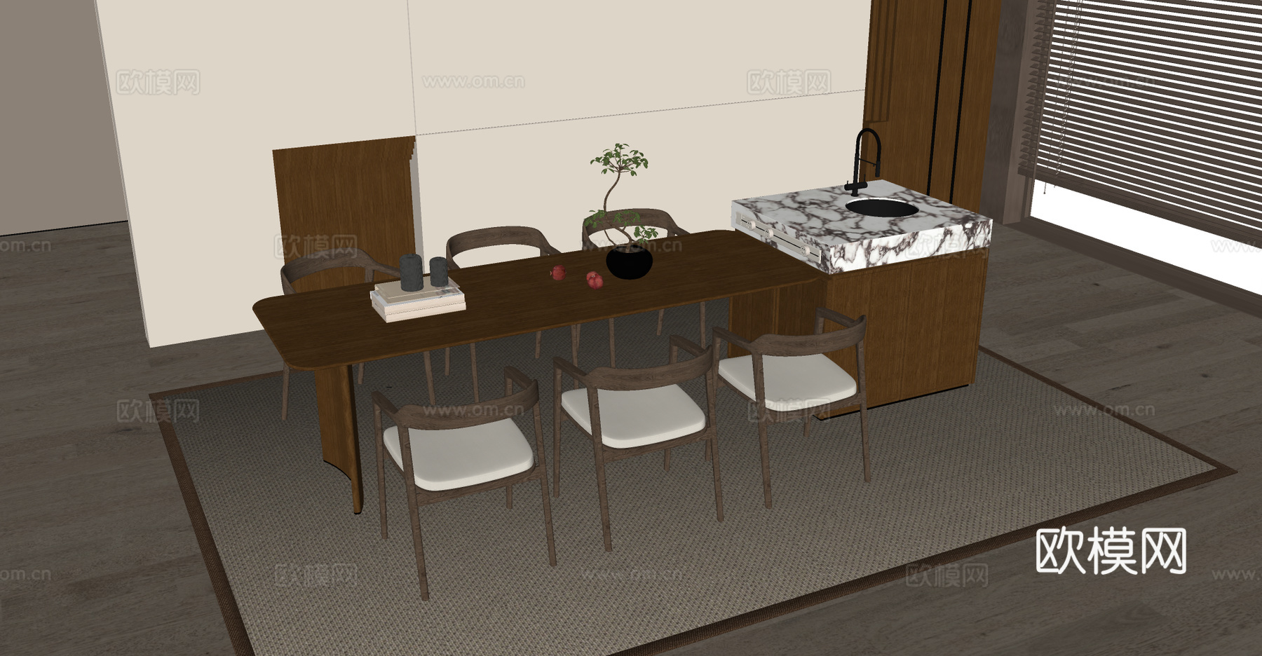 宋式餐桌椅组合 宋式餐厅 木制餐桌 木制餐椅su模型