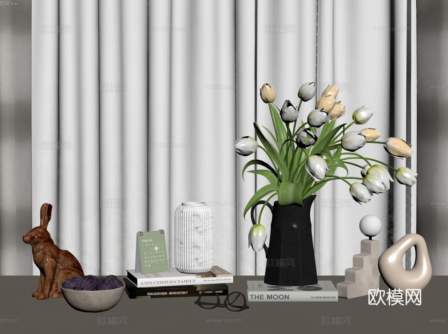 现代奶油饰品摆件 书籍 花艺 水果su模型