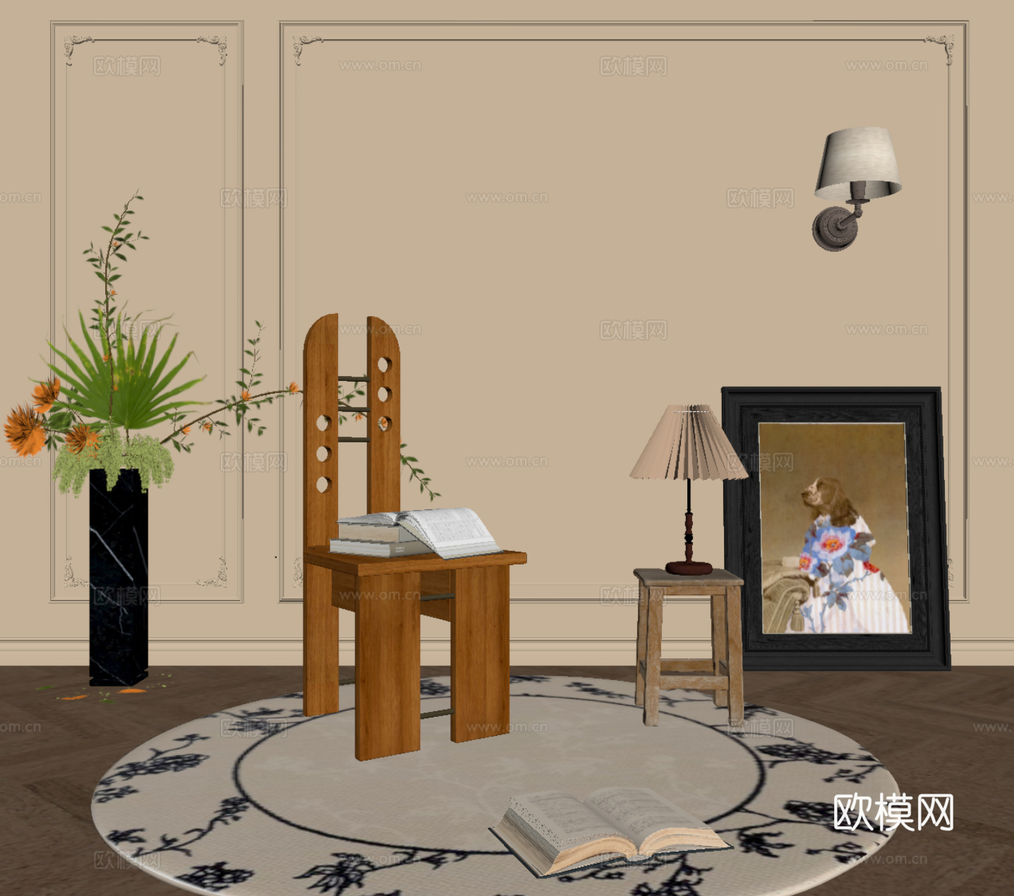 法式休闲椅 边几 盆栽花艺su模型