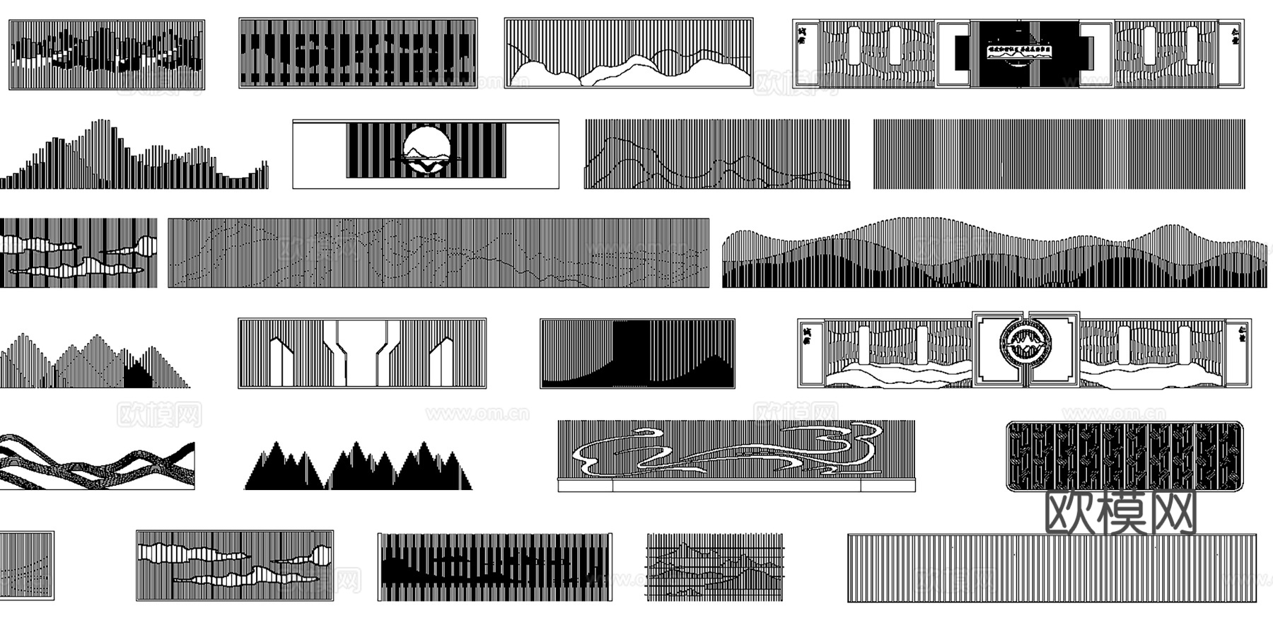 新中式禅意山水镂空格栅景墙影壁隔断屏风cad施工图下载（渲染图1）