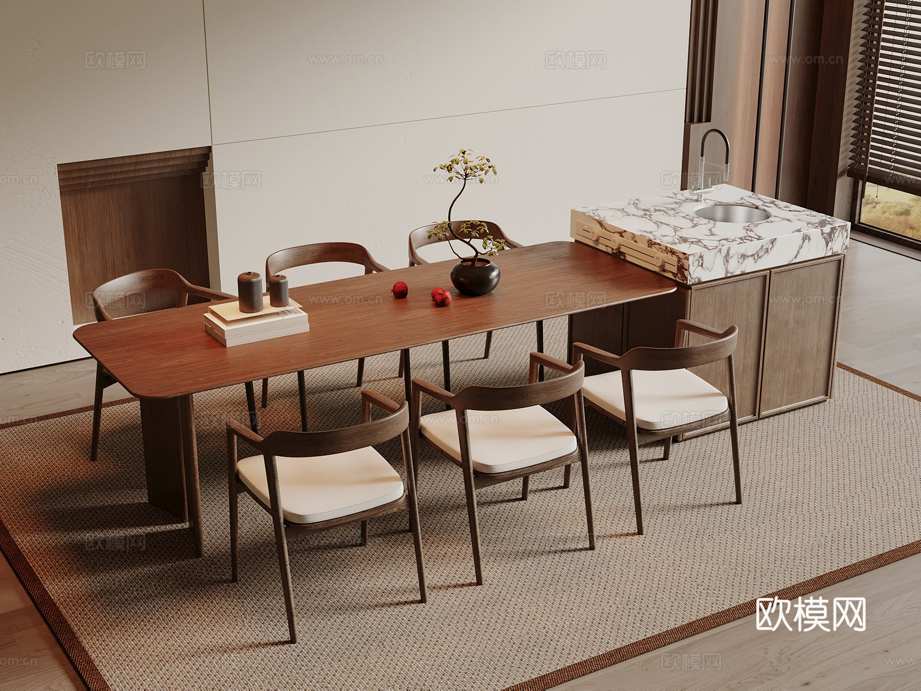 宋式餐桌椅组合 宋式餐厅 木制餐桌 木制餐椅su模型