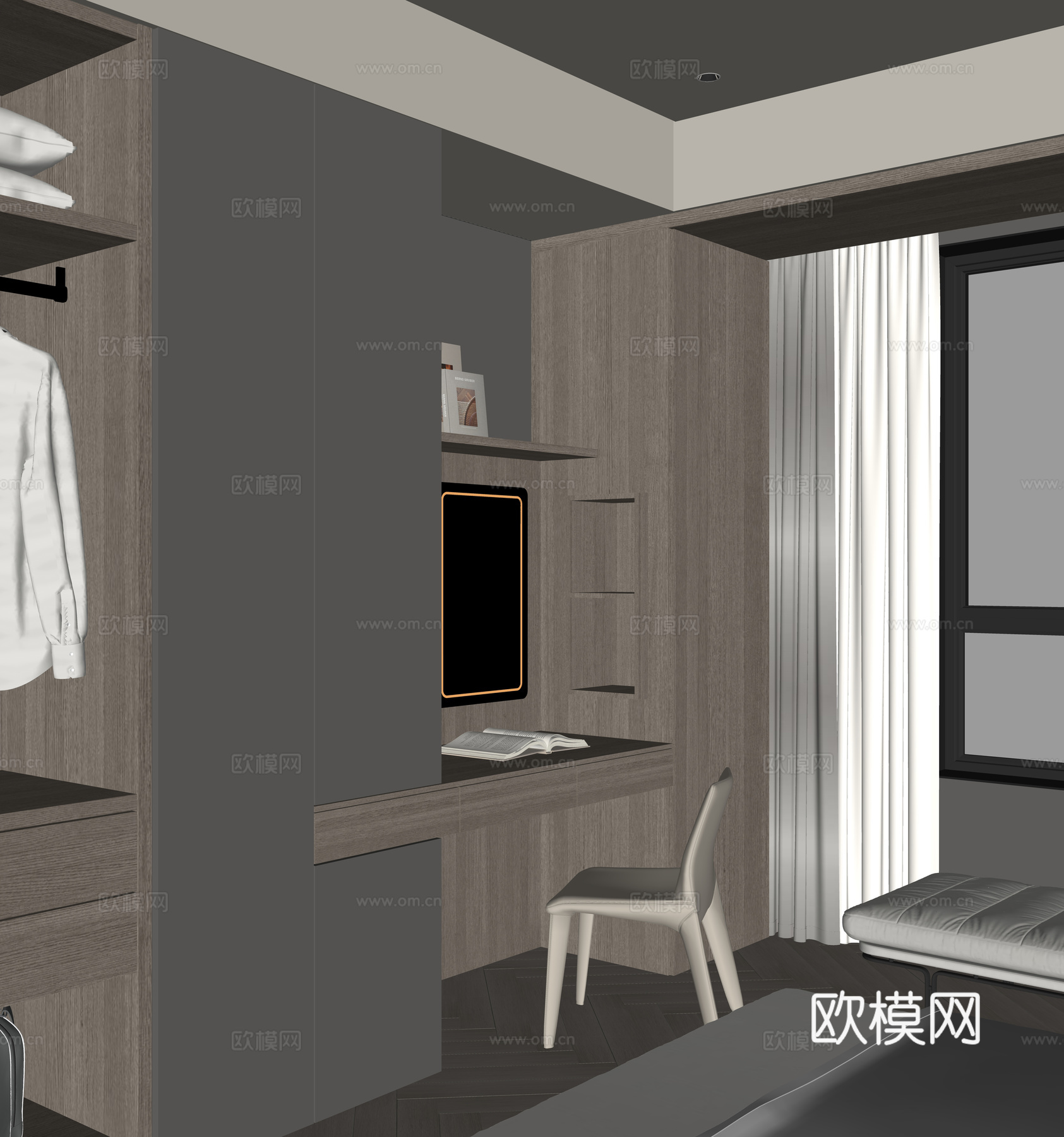 现代床尾衣柜su模型下载（渲染图2）