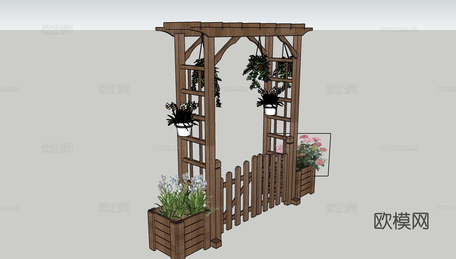 木制绿植吊篮花架su模型下载（渲染图2）