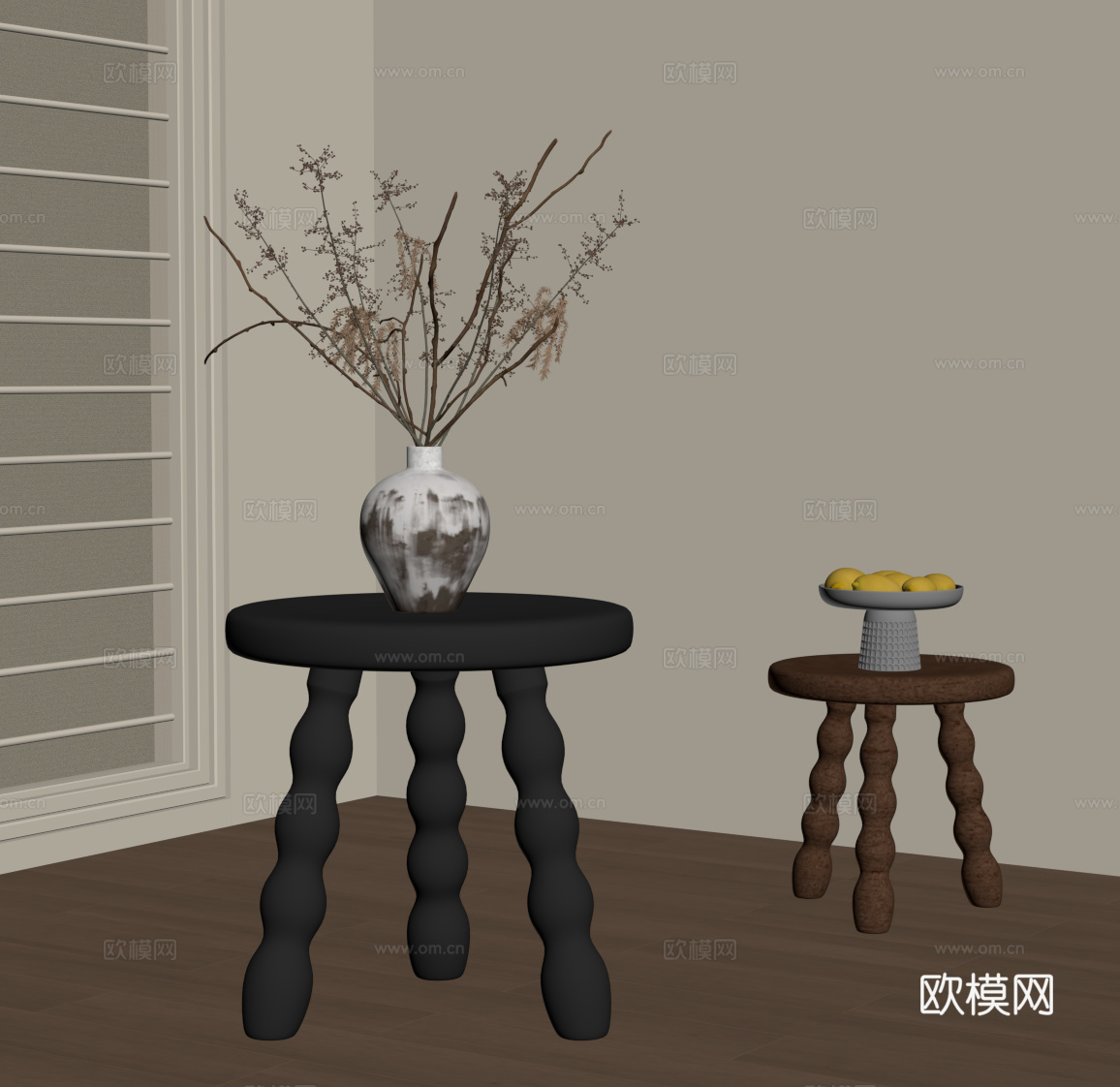 法式复古边几 实木边几 圆几su模型