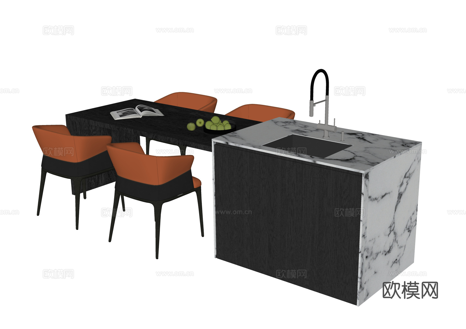现代岛台餐桌椅 餐椅su模型