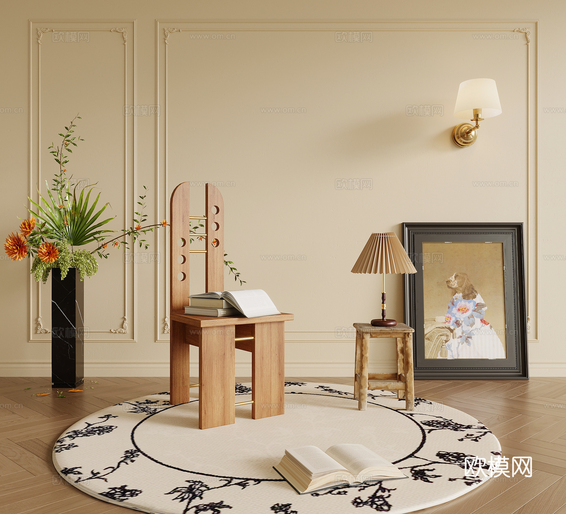 法式休闲椅 边几 盆栽花艺3d模型3d模型下载