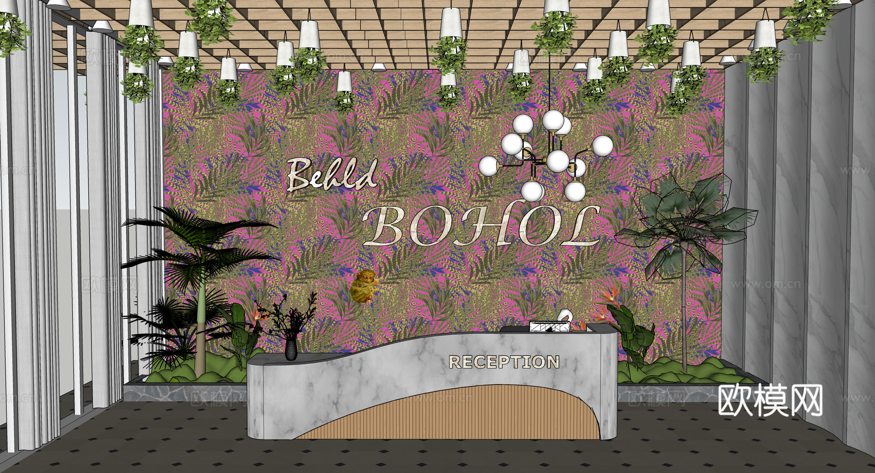 现代简约办公室前台接待台su模型