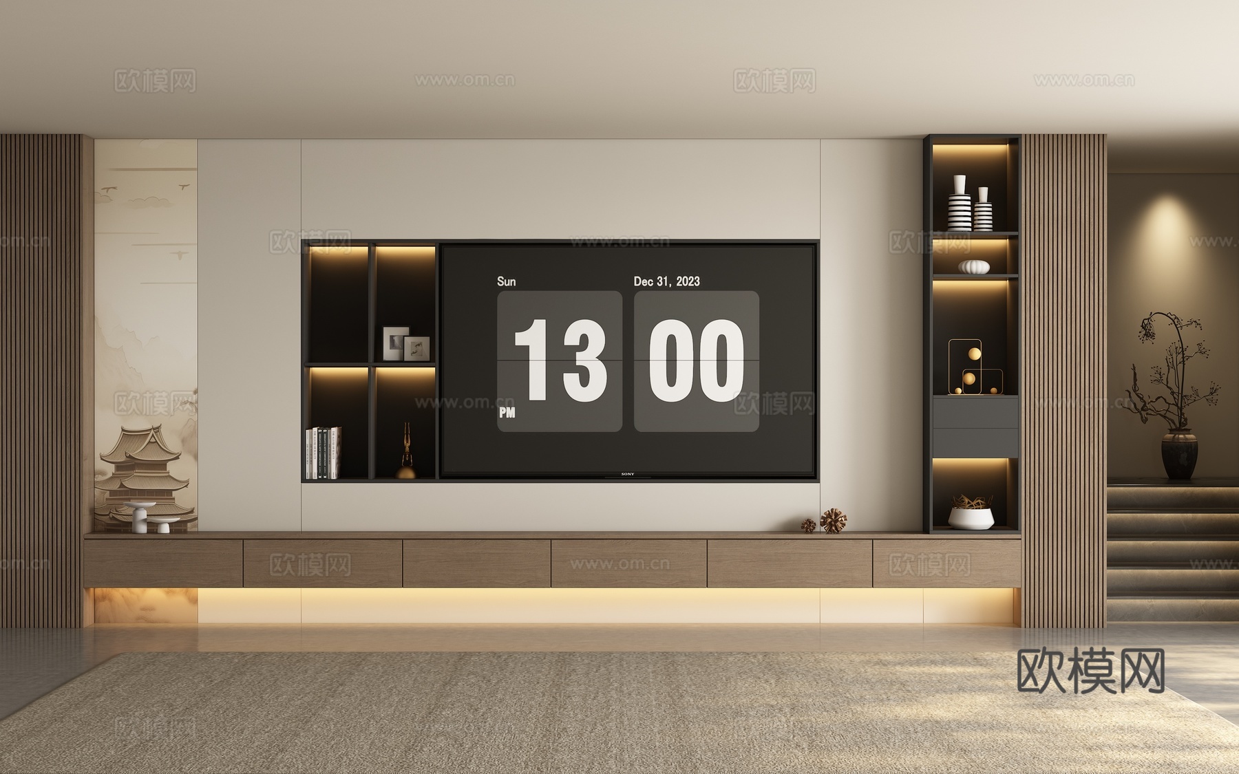 现代宋式电视柜背景墙3d模型