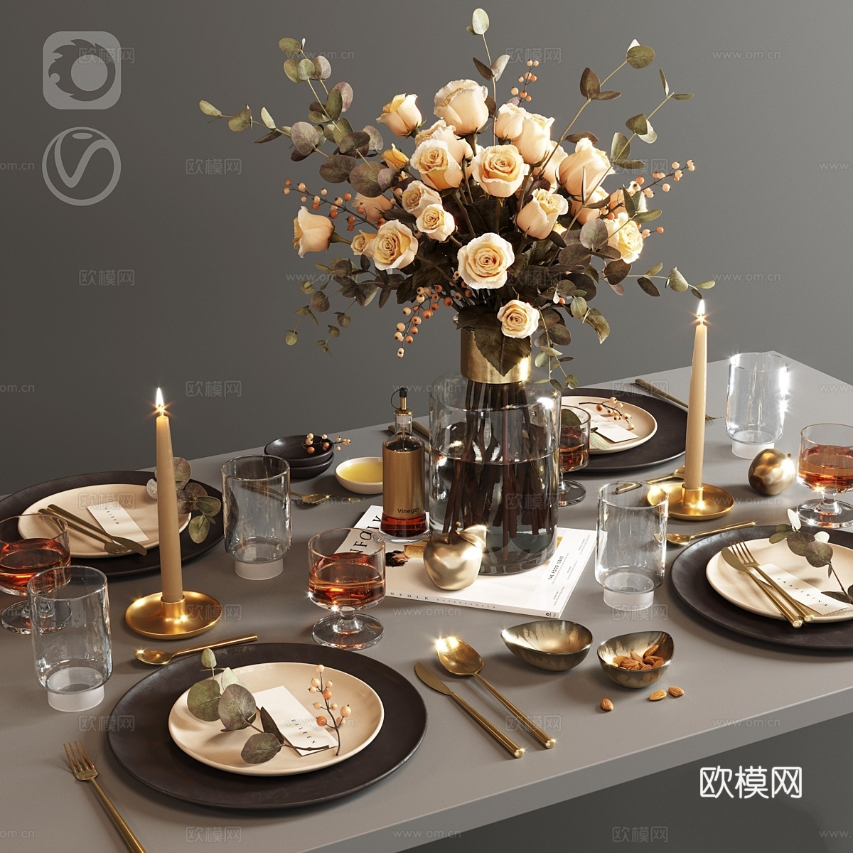 玫瑰餐桌布置3d模型下载