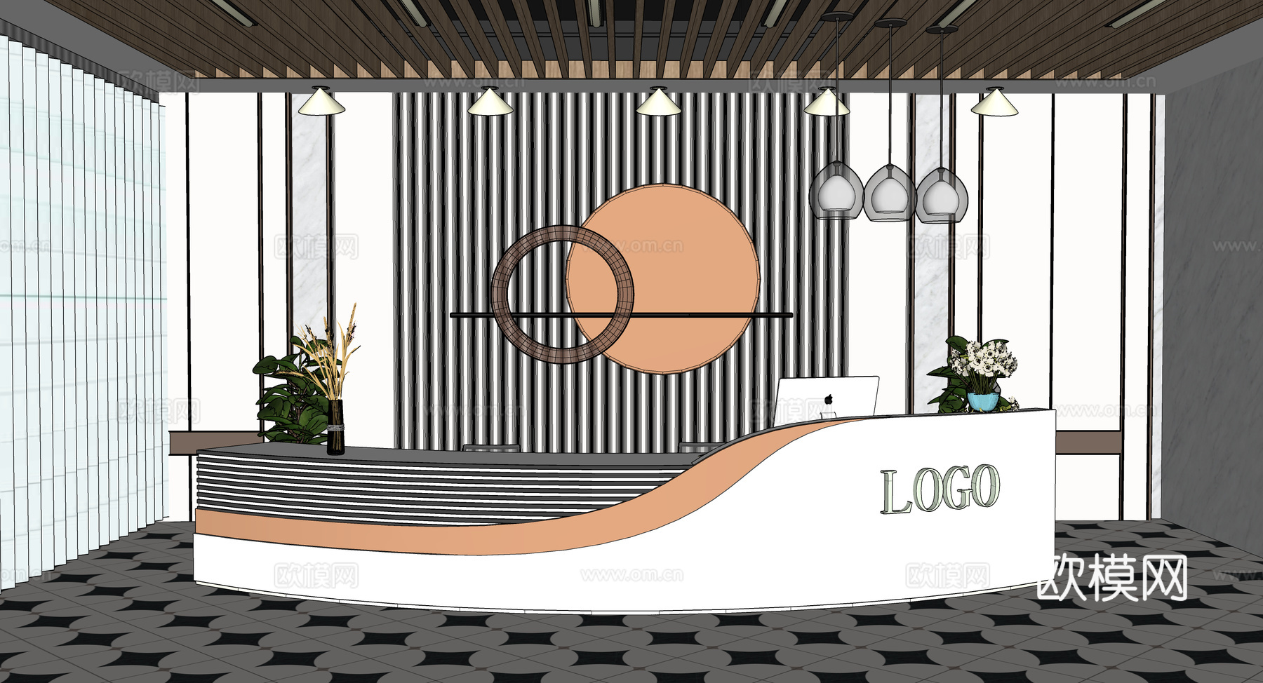 现代简约办公室前台接待台su模型