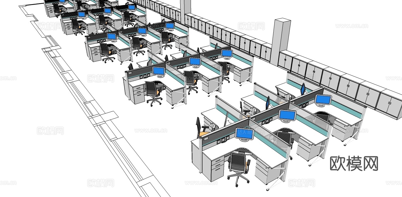 办公桌 工位 屏风卡位 办公椅 文件柜su模型