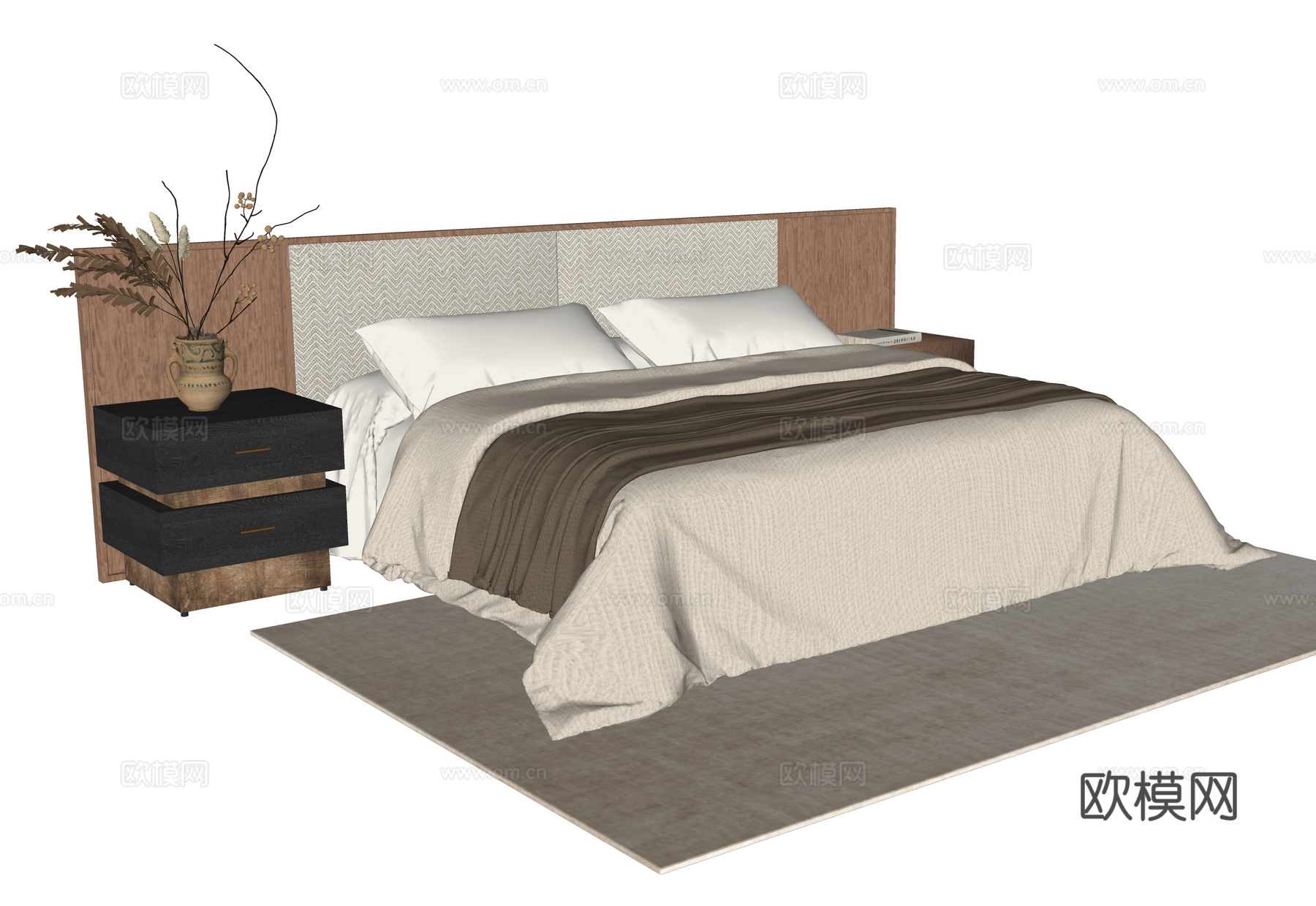 现代双人床 床头柜su模型