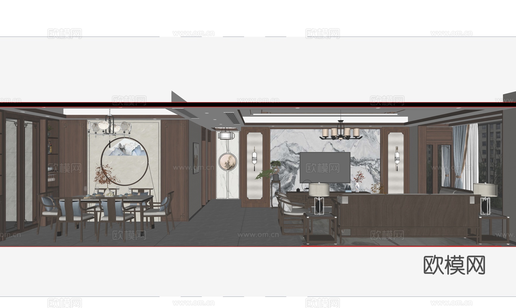 新中式客餐厅su模型