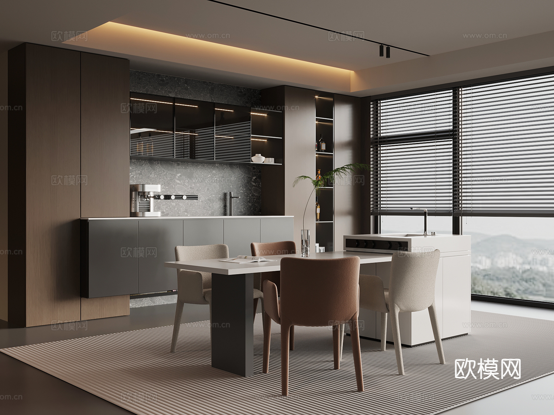 现代简约餐厅 酒柜 餐边柜 餐桌椅 岛台su模型