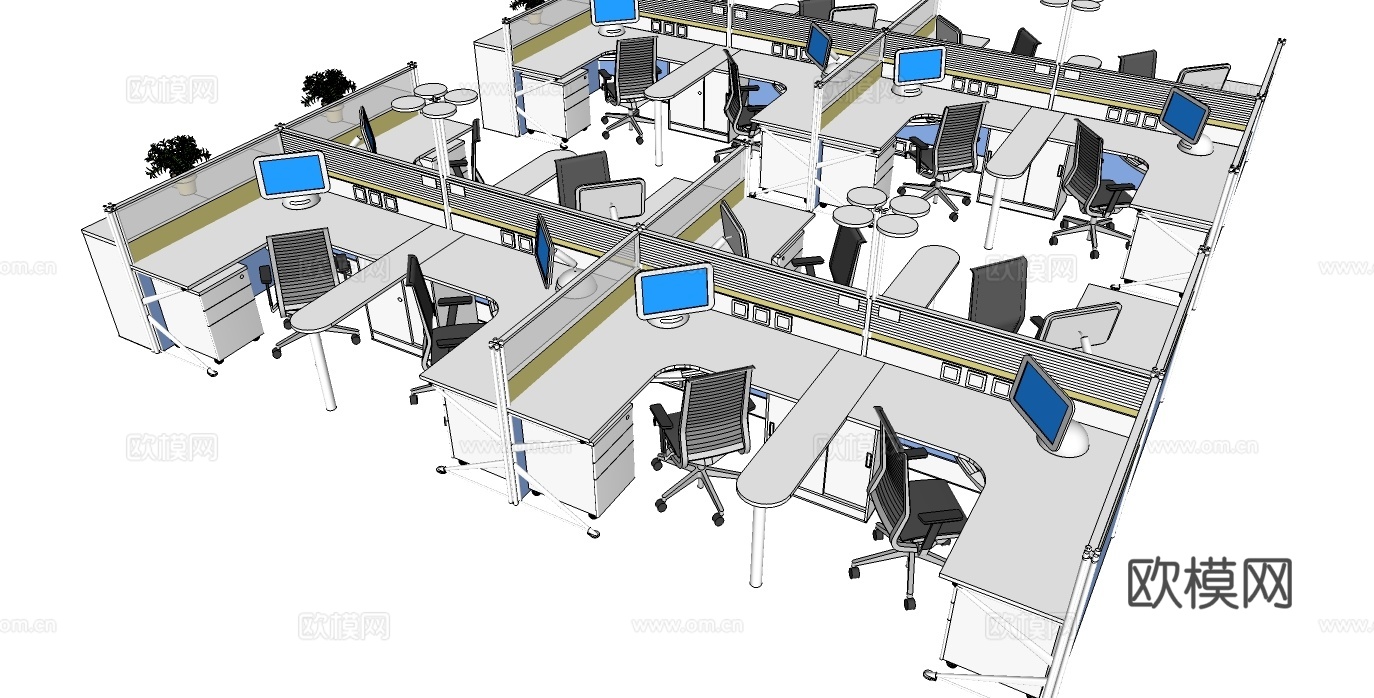 办公桌 工位 屏风卡位 办公椅su模型