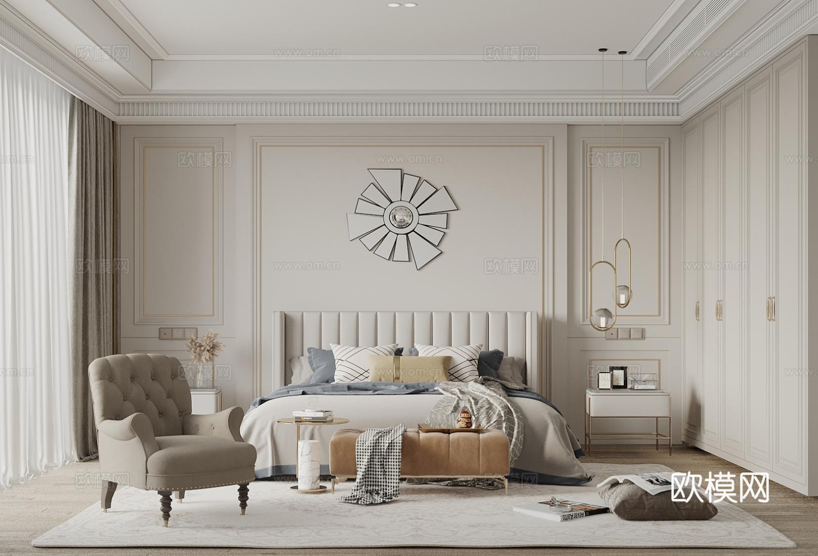 法式简欧风卧室 床头背景墙 石膏线背景墙 衣柜 双人床3d模型下载
