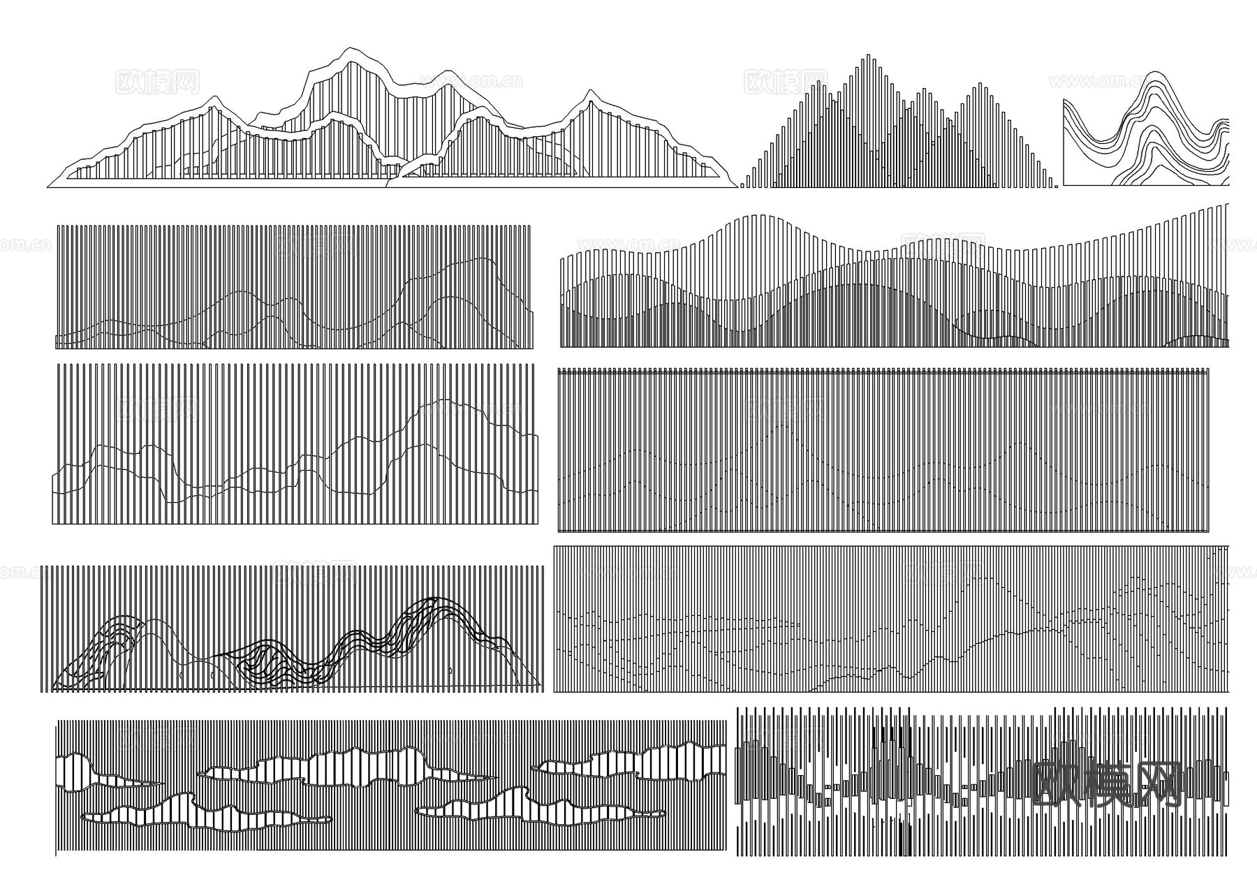 格栅景墙 山水格栅景墙 格栅背景墙 云纹景墙 特色格栅 屏风cad施工图下载（渲染图2）