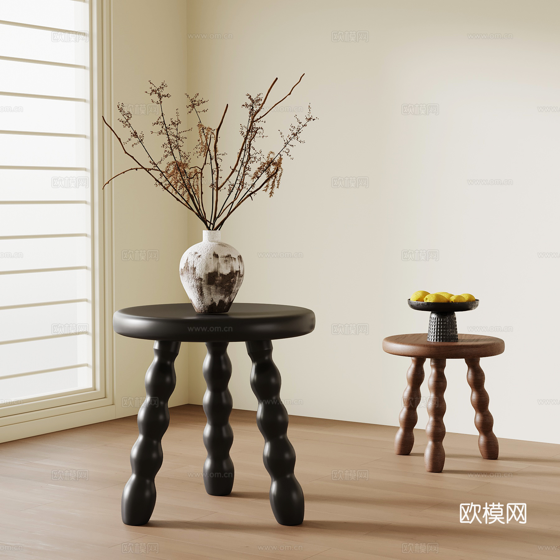 法式复古边几 实木边几 圆几su模型