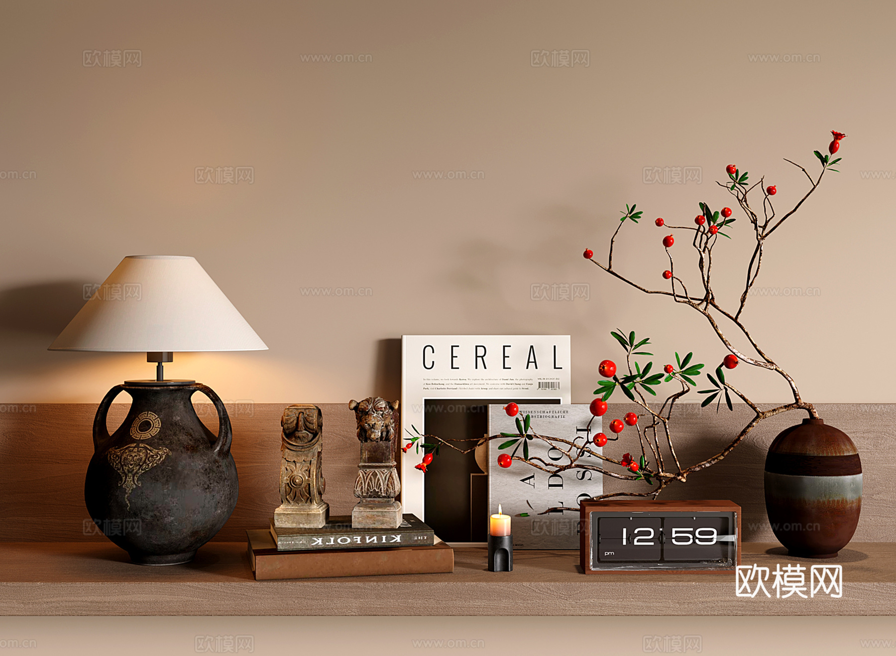 中古侘寂饰品摆件 花艺 书籍 台灯 翻页时钟su模型