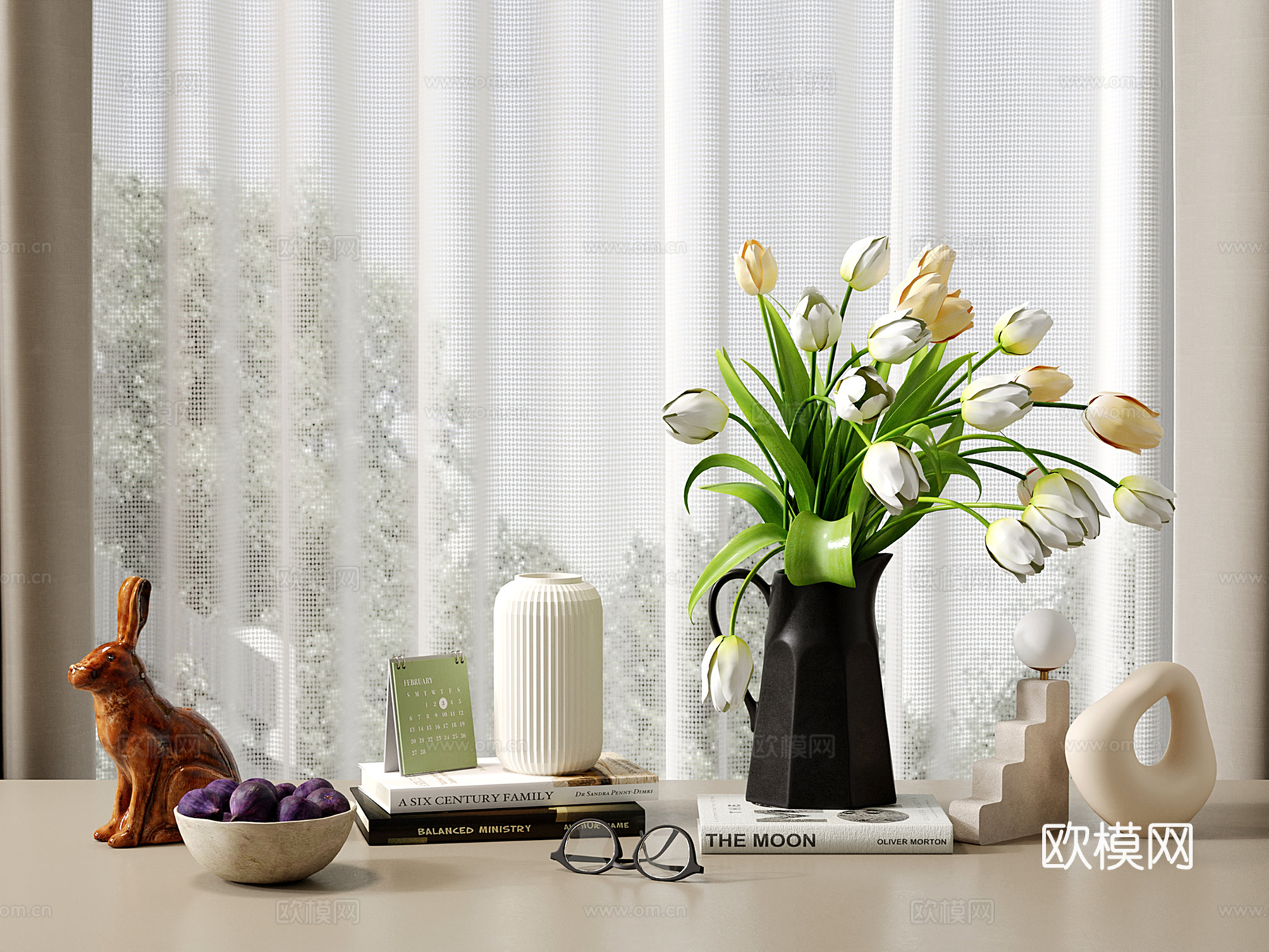 现代奶油饰品摆件 书籍 花艺 水果su模型