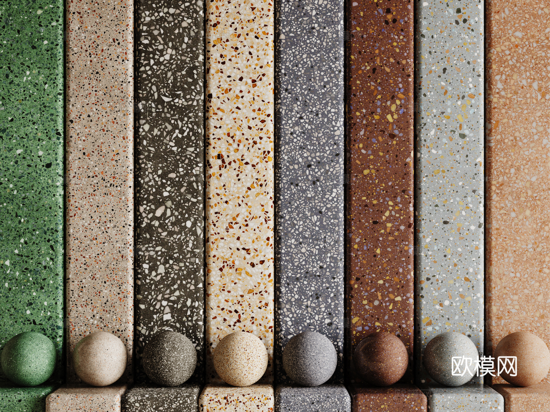 现代水磨石 彩色水磨石 花岗岩 石英石 石材su模型