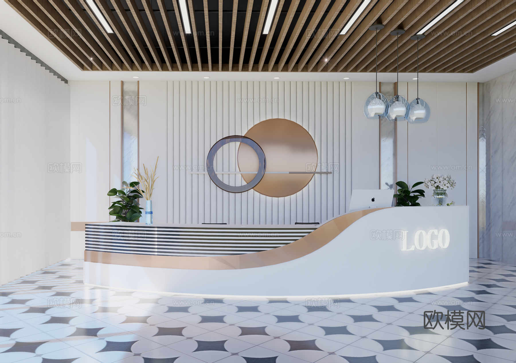 现代简约办公室前台接待台su模型
