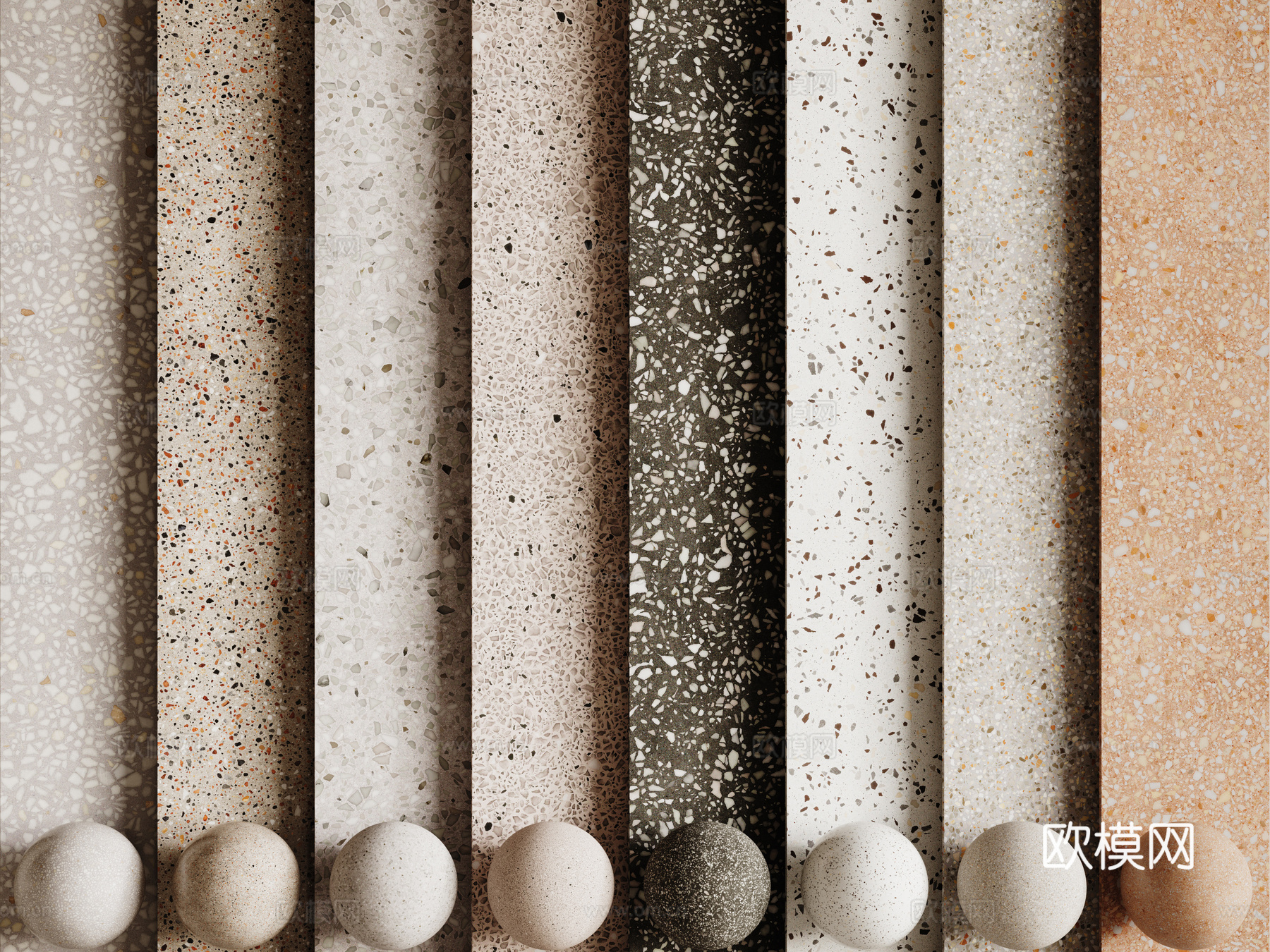 现代水磨石 彩色水磨石 花岗岩 石英石 石材su模型