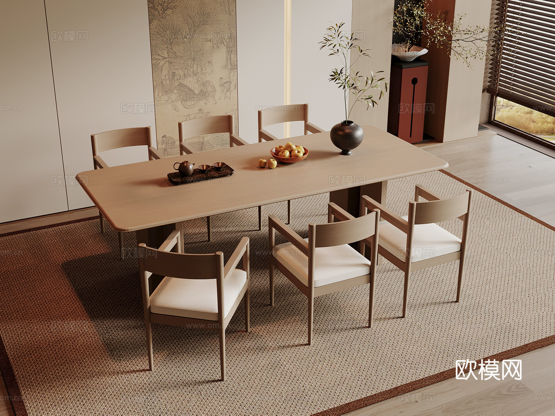宋式餐桌椅组合 宋式餐厅 木制餐桌 木制餐椅su模型