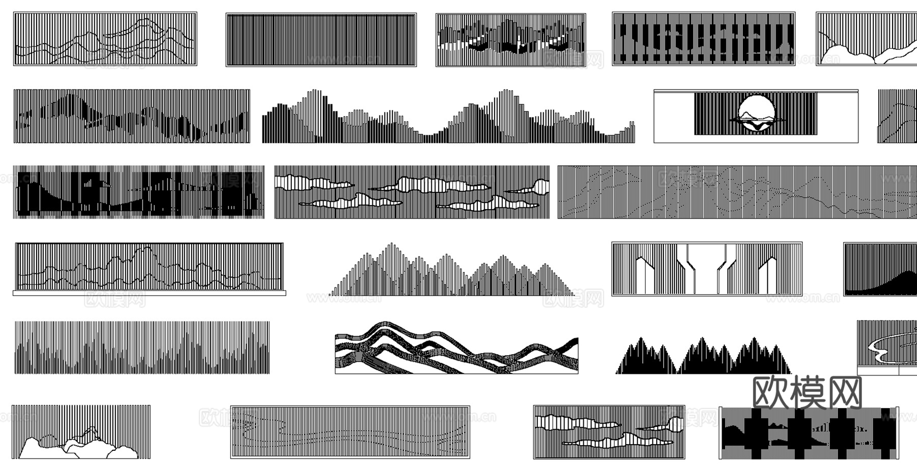新中式禅意山水镂空格栅景墙影壁隔断屏风cad施工图下载（渲染图3）